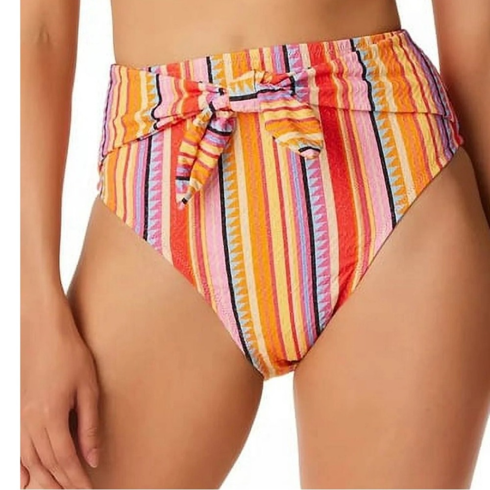 Jessica Simpson Colorful Striped High-Waisted Bikini Bottom